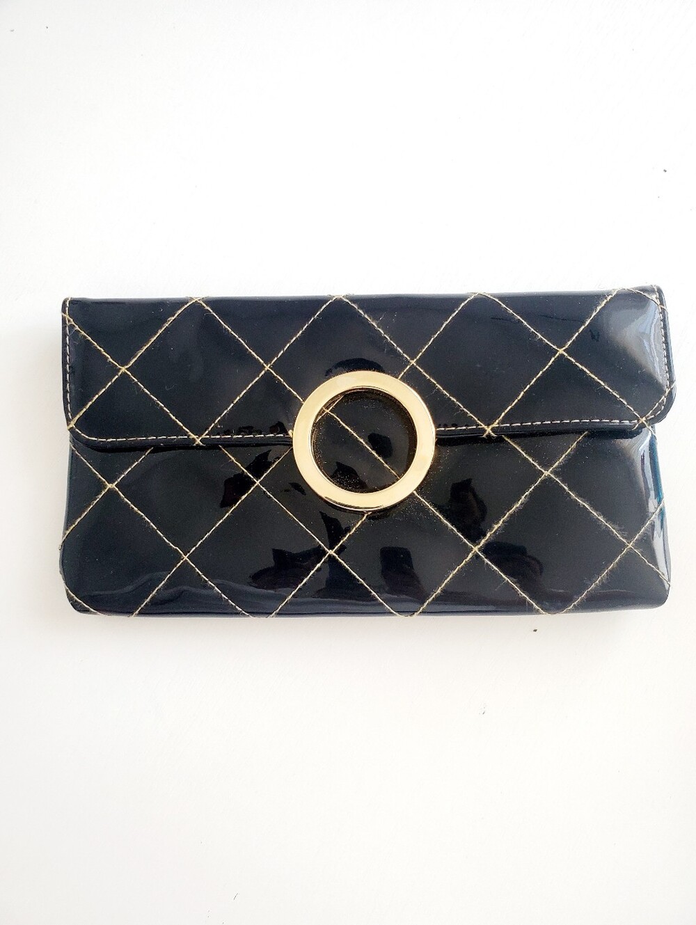 Black Quilted Patent Clutch with Gold Ring Accent